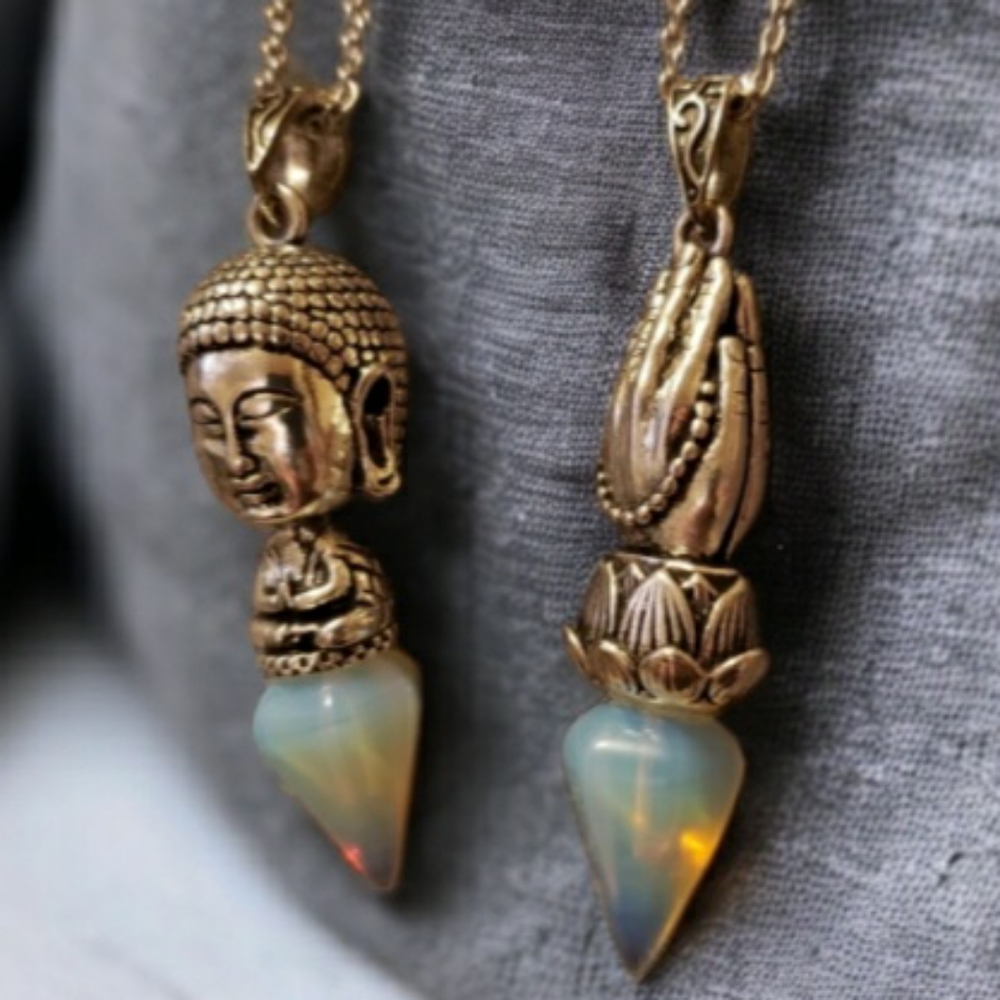 Buddha or Praying Hands Opalite Pendant Necklace